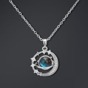 Silver astronomy necklace, moon star planet astronomical pendant, starry sky spinner playful charm, asteroid celestial solar system jewelry