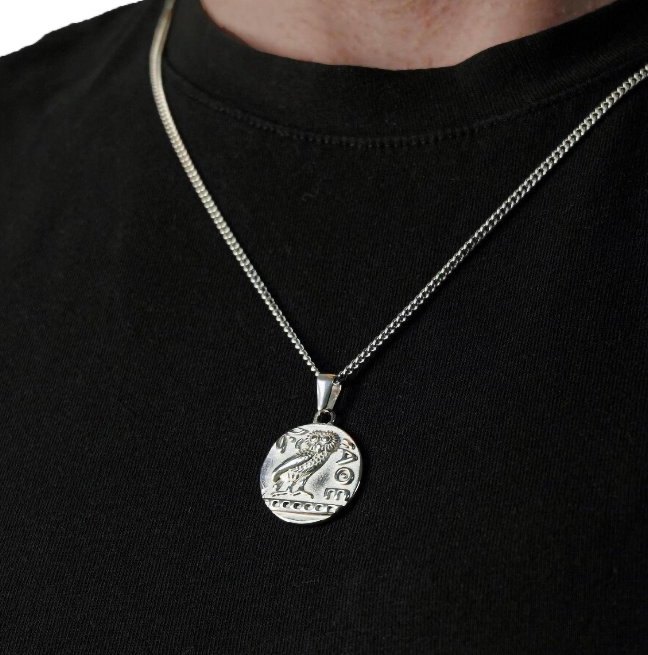 Silver athena greek owl coin necklace, ancient owl of athena goddess medallion mythology pendant, th