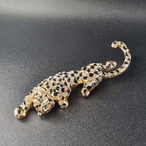 Leopard brooch pin, retro large rhinestone vintage panther brooch, crystals gold tone animal themed jungle cat jewelry, gift for her