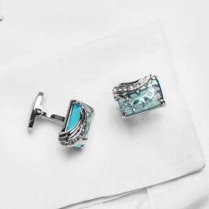 Blue Crystal Cufflinks: Gold Square Gemstone, Stainless Steel