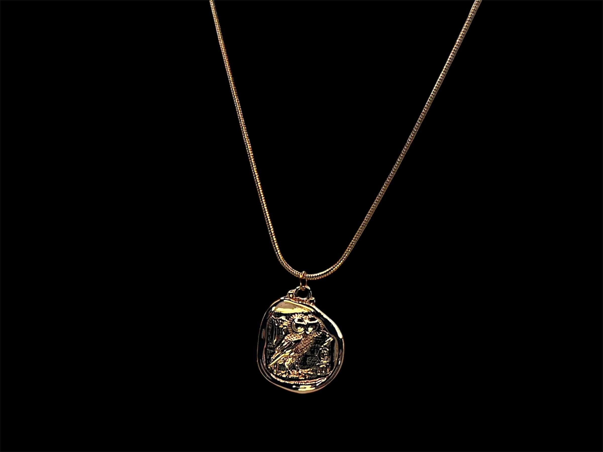 Gold Owl Coin Necklace: Vintage Greek Talisman Pendant