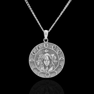 Hecate goddess necklace silver, greek triple goddess of witchcraft and magic, coin medallion triple moon goddess celestial protector pendant