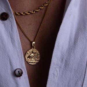 Gold Athena Owl Coin Necklace: Greek Mythology Medallion Pendant