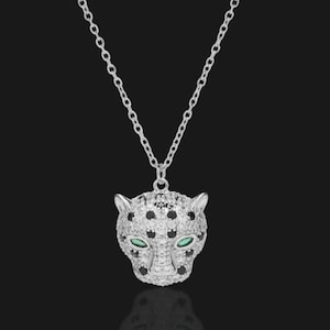 Crystal Leopard Head Necklace: Stainless Steel Panther with Green Eyes