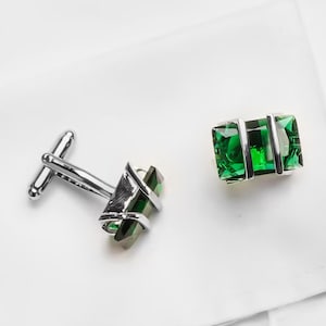 Emerald Green Cufflinks: Minimalist Silver Crystal Stainless Steel