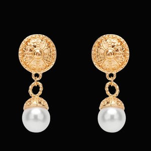 Womens gold pearl teardrop earrings, teardrop fresh water pearl crystal hoop earrings, elegant wedding bridal long pearl earring jewelry