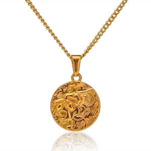 Gold Leo Zodiac Coin Necklace: Vintage Lion Pendant