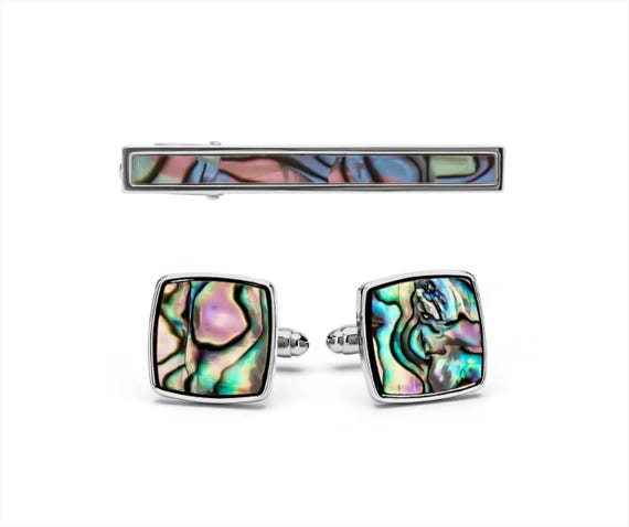Abalone Shell Cufflinks and Tie Clip Set, Engraved Stainless Steel Groomsmen Accessories Gifties