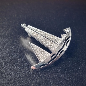 Vintage Crystal Sailboat Brooch: Nautical Rhinestone Silver Pin