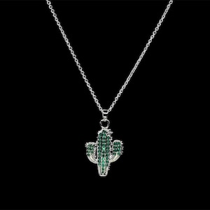 Emerald Crystal Cactus Necklace: Silver Saguaro Pendant, Southwestern Boho
