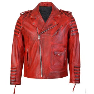 Blouson de moto en cuir rouge pour homme fait main, Blouson de moto en cuir de vachette véritable, Blouson de motard de style classique et moderne, Blouson d'hiver