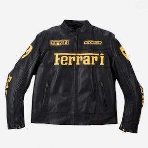 Blouson de course en cuir noir Ferrari rare vintage pour homme Blouson de motard en peau de vache véritable F1 Motorsport pour homme Blouson en cuir élégant