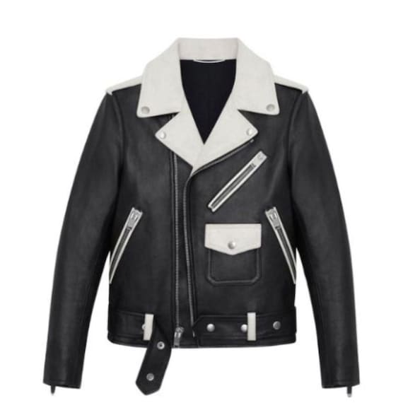 Handgefertigte Herren Black White Lederjacke, echte Schaffell