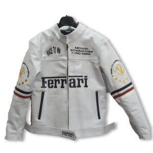Fait main vintage rare Ferrari veste de course en cuir blanc en cuir de vachette véritable motard moto veste F1 Motorsport survêtement élégant veste en cuir