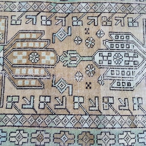 Unique Persian Rug , Runner Rug , Turkish Rug , 10 x 2.9 ft Sheep Wool Rug , Oushak Rug , Retro Rug