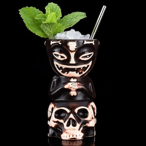 Skull Doll Tiki Mug | Ceramic Hawaiian Cocktail Cup | Skull Tiki Mug | Artistic Handcrafted Tiki Bar Tool | Gothic Tropical Drinkware
