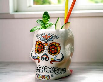 Skull Tiki Mug Ceramic Cocktail Glass | Aixiangru Hawaii Bar Flask | Creative Whiskey Wine Cup | Gothic Barware Gift for Him
