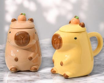 Capybara Ceramic Coffee Mug with Lid | Cute Cartoon Animal Tea Cup | Fun Capybara Couple Design | 450ml Novelty Capybara Mug