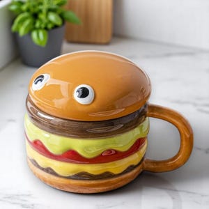 Ceramiczny kubek w kształcie hamburgera 300 ml | Uroczy kubek do kawy z kreskówkową pokrywką | Dziecięcy kubek śniadaniowy z mlekiem owsianym | Zabawny domowy prezent na napoje