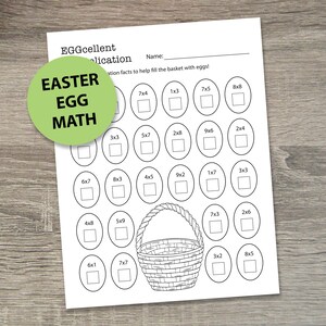 May include: A printable worksheet for children to practise multiplication facts. The worksheet features a basket and eggs with multiplication problems to solve. The title of the worksheet is "EGGcellent Multiplication Easter Egg Math".
