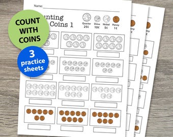 May include: Three black and white printable worksheets for counting coins. The worksheets feature images of US coins, including quarters, dimes, nickels, and pennies. The worksheets are labeled "Counting Coins 1" and include the words "Name:" and "3 practice sheets".