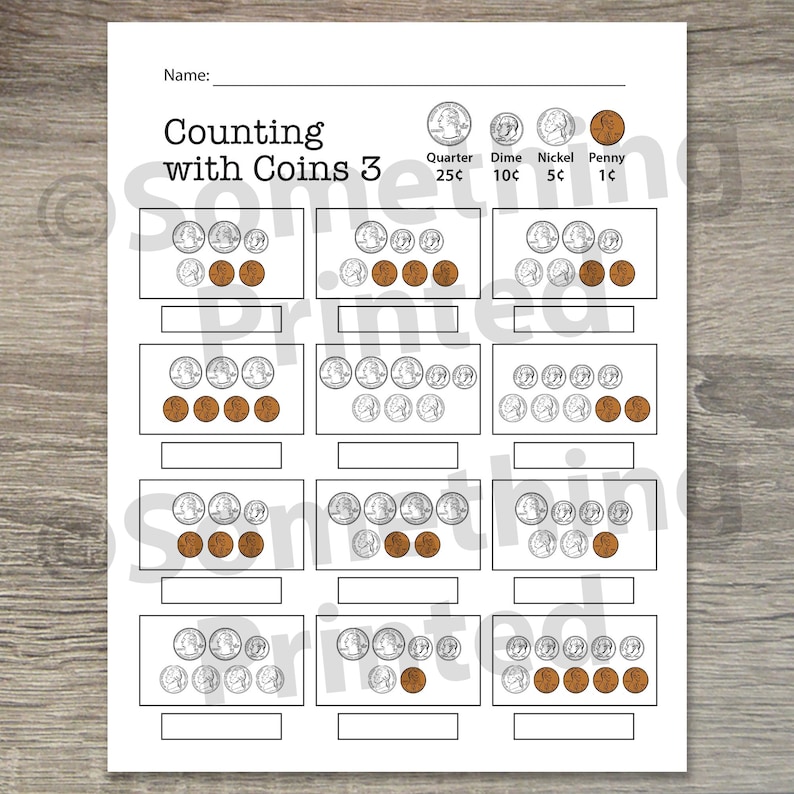 May include: A black and white worksheet with the title "Counting with Coins 3". The worksheet has four rows of coin counting problems. Each row has three boxes with different amounts of coins. The coins are represented by images of quarters, dimes, nickels, and pennies.
