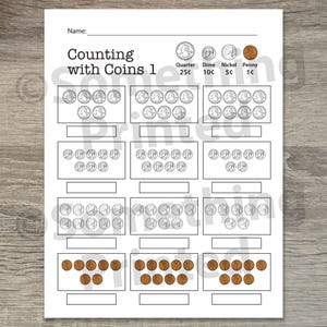 May include: A black and white printable worksheet with the title "Counting with Coins 1". The worksheet has four rows of three columns each. Each column contains a set of coins. The coins are labeled as quarter, dime, nickel, and penny. The worksheet is designed for children to practice counting coins.