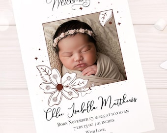Baby girl custom digital birth announcement photo card floral