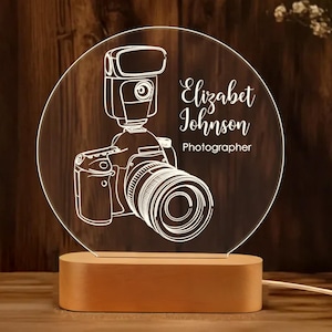 Photographer Night Light, Personalized Camera LED Lamp, Custom Engraved Photo Gift for Photographers, Unique Photography Studio Decor