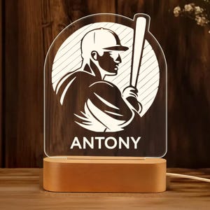 Custom Baseball Night Light, Personalized Sports Lamp, Engraved Acrylic LED Light with Wooden Base, Gift for Baseball Fans, Room Decor