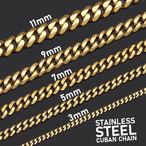 May include: Five gold Cuban link chains of different widths, from 3mm to 11mm. The chains are laid out in a staggered pattern, with the widest chain at the top and the narrowest chain at the bottom. The text "STAINLESS STEEL CUBAN CHAIN" is printed below the chains.