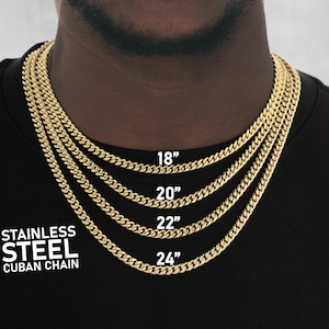 18K Gold Chain Necklace Chain, Mens Gold Cuban Curb Chain, Gold Plated Mens Stainless Steel Chain, Mens Gift Necklace, Women Gift Necklace
