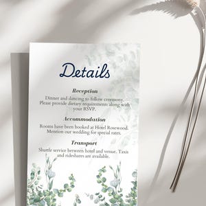 Cartão de detalhes do casamento com vegetação | Cartão de detalhes do casamento com eucalipto | Editável no Canva | #CLARA