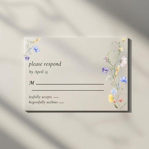 水彩画風ウェディングRSVPカードテンプレート：編集可能な花柄デザイン、返信をお願いします