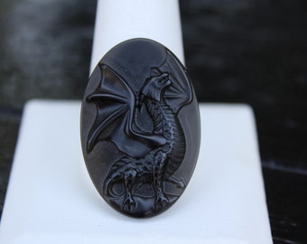 Natural Black Obsidian Hand Carved Oval Fantasy Dragon Glass Dragon Cabochon