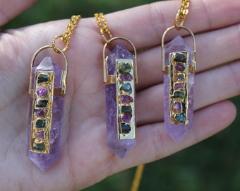 Natural Amethyst Point Gold Watermelon Tourmaline Pendant Necklace