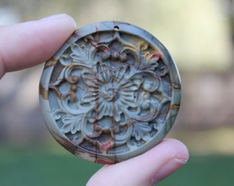 Gothic Floral Cabochon Round Pendant Hand Carved Natural Jasper