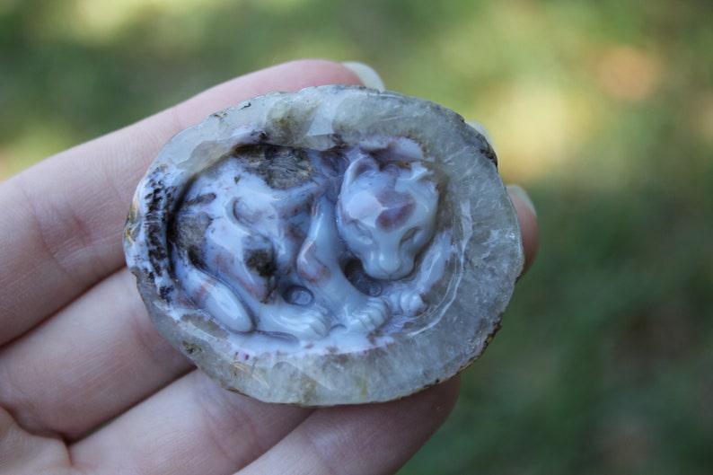 Hand Carved Natural Blue Agate Baby Leopard In Womb Geode Cabochon image 2