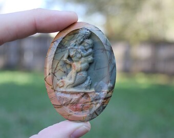 Mermaid And Merchild Natural Hand Carved Picasso Jasper Oval Cabochon