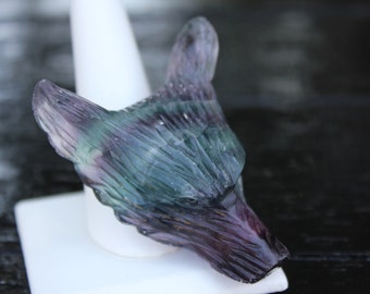 Grande perle pendentif tête de loup sculptée en fluorite arc-en-ciel naturelle