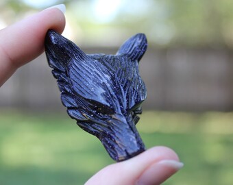 Large Blue Sandstone Carved Wolf Head Pendant Bead Sand Stone