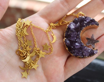 Collier lune en améthyste, collier croissant de lune, bijoux lune, collier lune en or, collier sorcière, collier étoile, collier druzy, collier galaxie