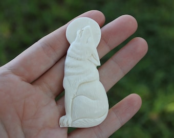 Hand Carved Natural Bone Howling Wolf At The Moon Cabochon
