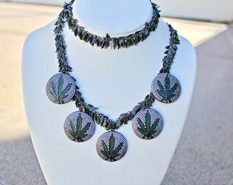 Rhinestone Marijuana Leaf Necklace, Gunmetal Plated Brass Chain