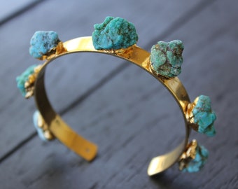 Gold Cuff Bracelet: Raw Turquoise, Bohemian Bangle