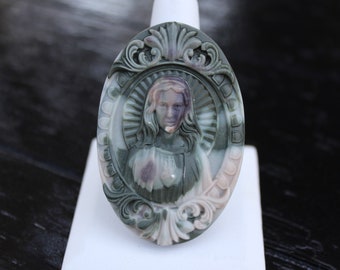 Mother Mary Catholic Sacred Heart Natural Jasper Hand Carved Large Oval Cabochon