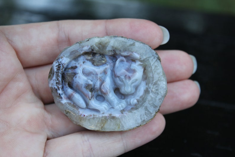 Hand Carved Natural Blue Agate Baby Leopard In Womb Geode Cabochon image 4