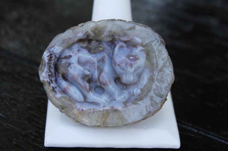 Hand Carved Natural Blue Agate Baby Leopard In Womb Geode Cabochon image 1