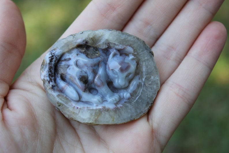 Hand Carved Natural Blue Agate Baby Leopard In Womb Geode Cabochon image 7