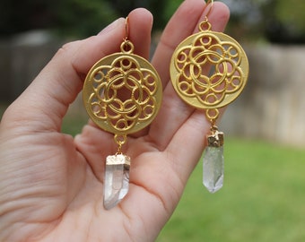Mandala Symbol Geometric Natural Quartz Point Gold Chandelier Earrings